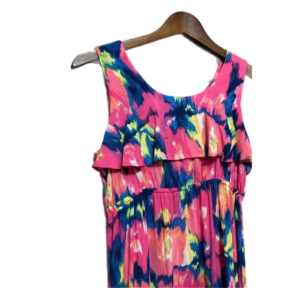 The Children's Place High Low Dress Girls XL 14 Pink Blue Ikat Excellent Ruffle - Picture 2 of 5